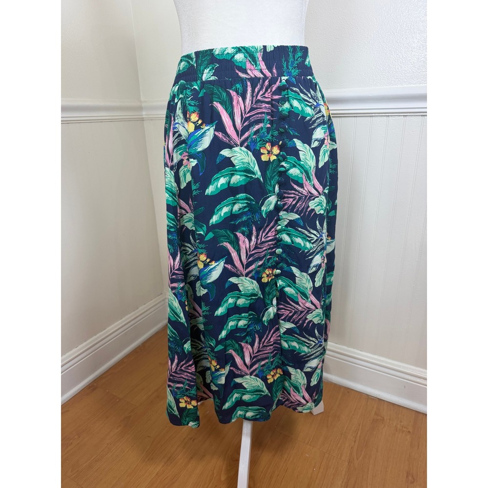 LOFT Tropical Floral Maxi Skirt‎ Womens XSP Navy Blue Button Side Slit Petite
